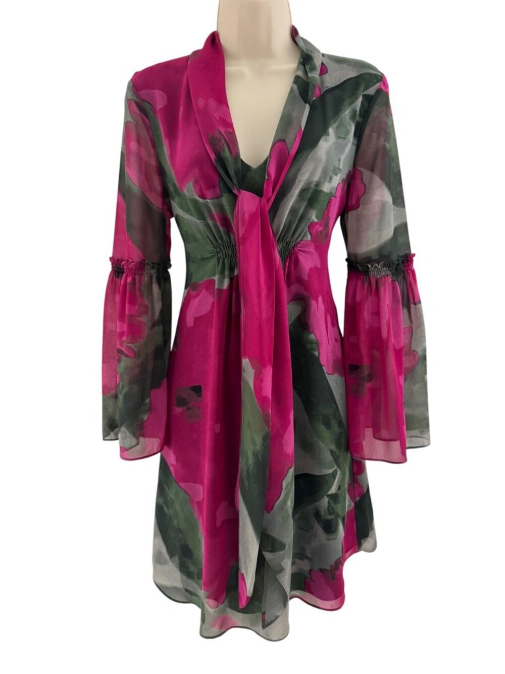 Trina Turk Fuchsia Watercolor Floral Print Chiffon Bell Sleeve Dress Sz 6 Small